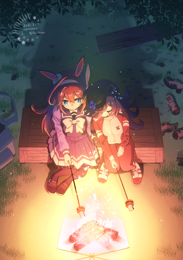 2girls ahoge animal_ears black_legwear blue_eyes bow brown_hair campfire camping cocoloco crate dark dated fire flower food from_above grass hair_flower hair_ornament hairband head_on_another's_shoulder horse_ears knees_together_feet_apart long_hair marshmallow mihono_bourbon_(umamusume) multiple_girls pantyhose rice_shower_(umamusume) roasting s'more sandals school_uniform serafuku shadow shoes shoes_removed shouder_bag signature sitting sleeping track_suit umamusume