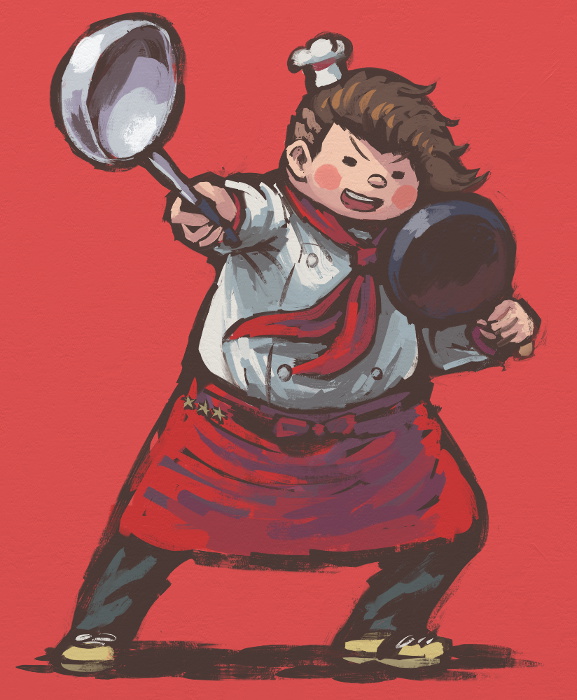 1boy :d apron bangs blush_stickers brown_hair buttons chef_hat commentary_request contrapposto dangan_ronpa_(series) dangan_ronpa_2:_goodbye_despair double-breasted frying_pan hanamura_teruteru hat holding holding_frying_pan holding_ladle ladle looking_at_viewer male_focus namu_(nurui_cha) neckerchief open_mouth pants red_apron red_background red_neckwear shoes short_hair simple_background smile solid_oval_eyes solo standing upper_teeth v-shaped_eyebrows