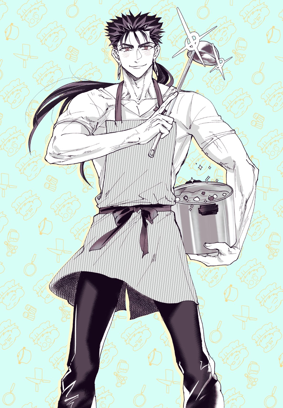 1boy 6u6pen apron biceps closed_mouth collarbone cu_chulainn_(fate) cu_chulainn_(fate/stay_night) earrings fate/stay_night fate_(series) floating_hair food grin highres holding holding_ladle holding_pot jewelry korean_commentary ladle long_hair male_focus muscular muscular_male pants ponytail pot red_eyes shirt skin_tight smile solo sparkle spiky_hair stew t-shirt v-neck veins