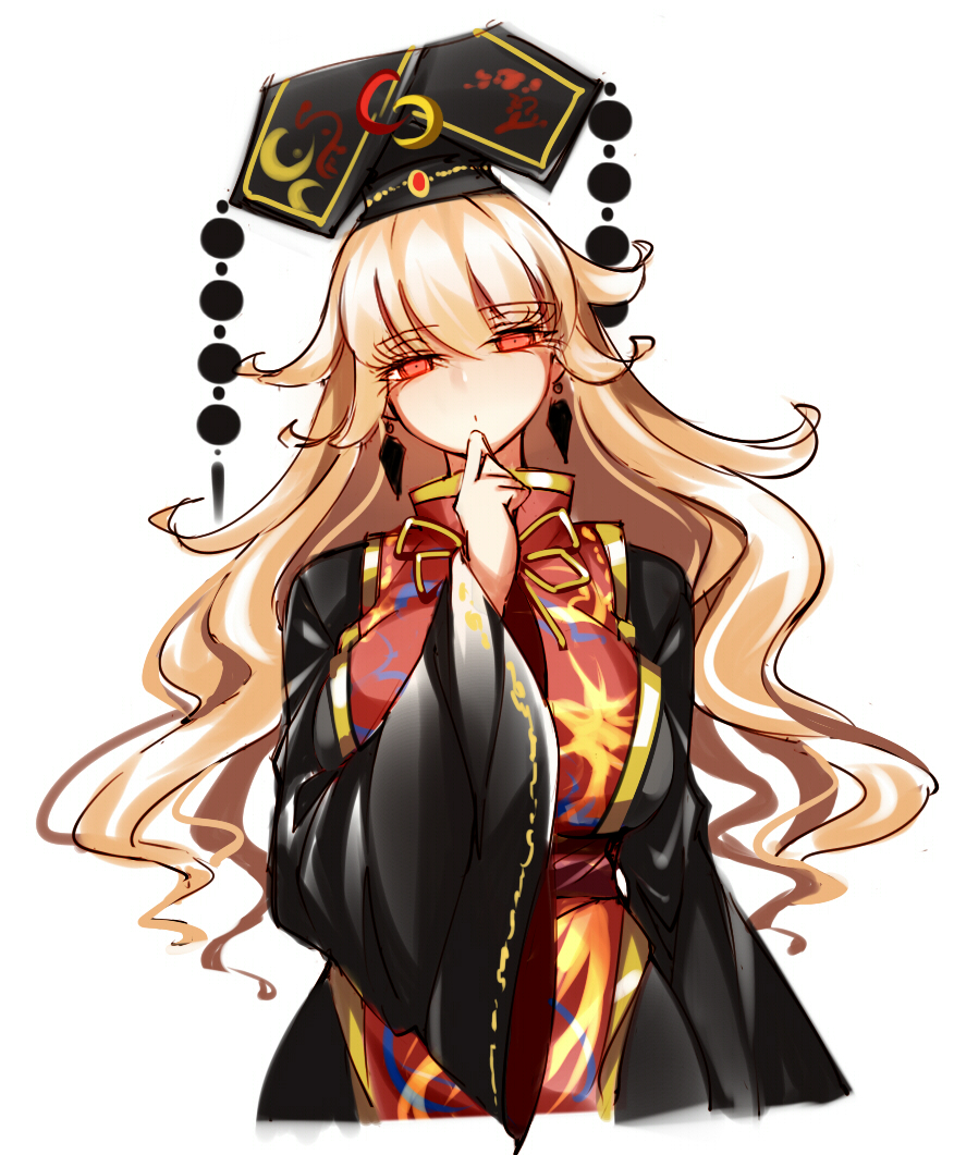 1girl bangs belt black_dress black_headwear blonde_hair bow bowtie breasts brown_belt chinese_clothes closed_mouth crescent dress earrings eyebrows_visible_through_hair hair_between_eyes hand_up hat jewelry junko_(touhou) large_breasts long_hair long_sleeves looking_at_viewer mature_female pom_pom_(clothes) raptor7 red_eyes red_vest simple_background solo tabard touhou vest white_background wide_sleeves yellow_bow yellow_neckwear