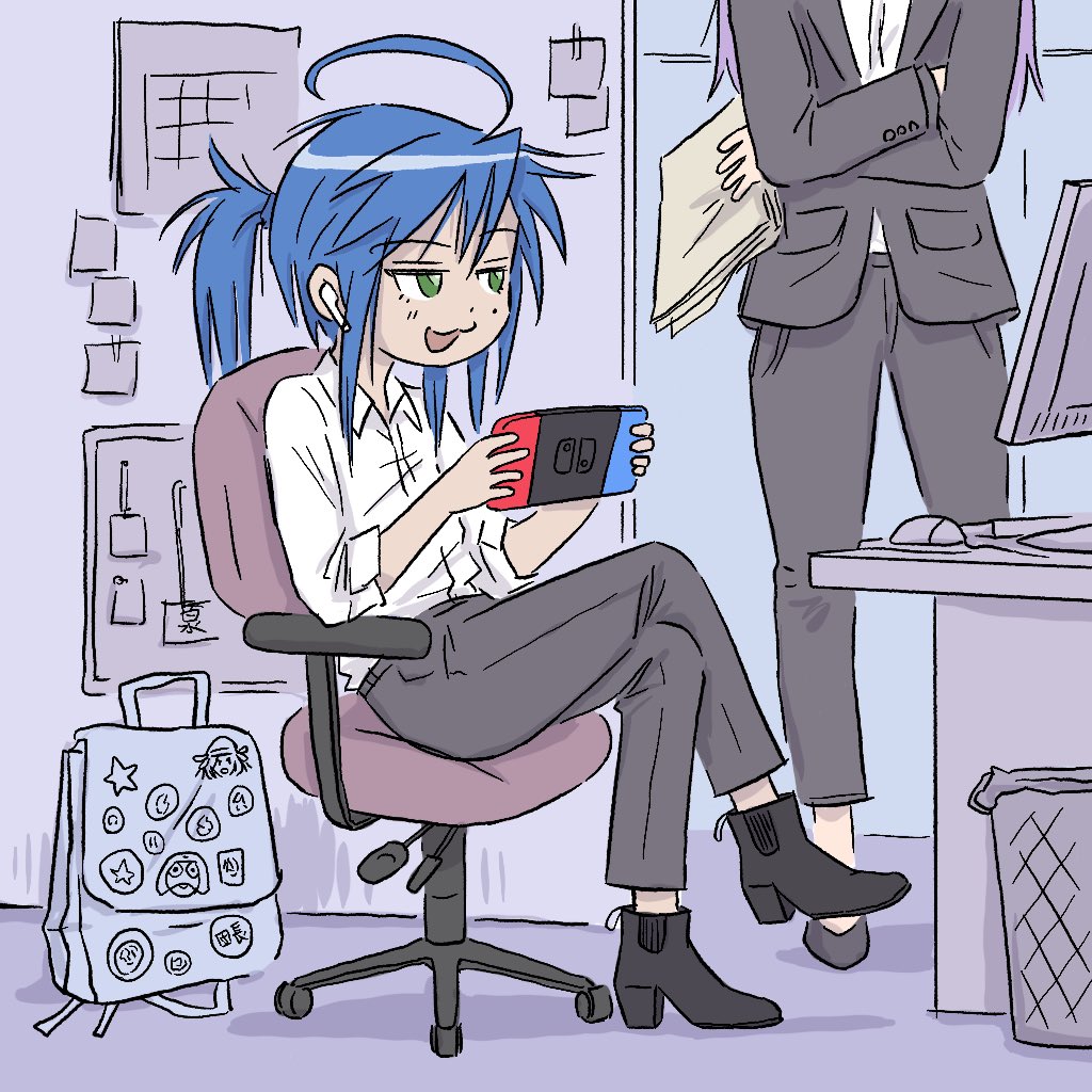 2girls ahoge airpods backpack bag blue_hair boots chair crossed_arms crossed_legs english_commentary folder green_eyes high_heel_boots high_heels hiiragi_kagami izumi_konata keroro_gunsou lucky_star monitor mouse multiple_girls nintendo_switch office office_chair office_lady pants ponytail trash_can truffleduster tsurime