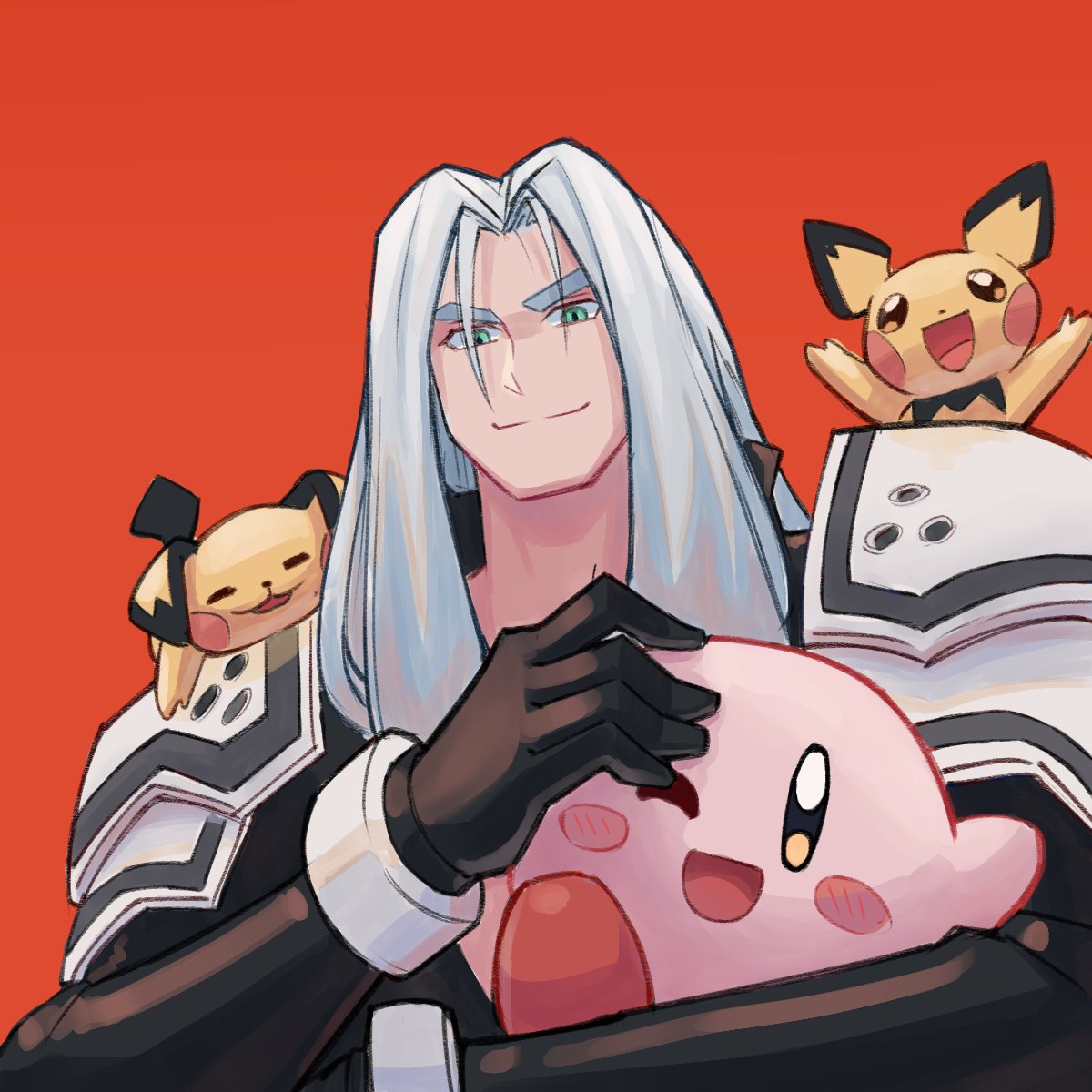 1boy aneurysm_ax armor blonde_hair blue_eyes final_fantasy final_fantasy_vii final_fantasy_vii_advent_children gen_2_pokemon gloves green_eyes highres holding kirby kirby_(series) long_hair male_focus masamune_(ffvii) pichu pokemon pokemon_(creature) sephiroth short_hair shoulder_armor silver_hair simple_background smile super_smash_bros. sword very_long_hair weapon white_hair