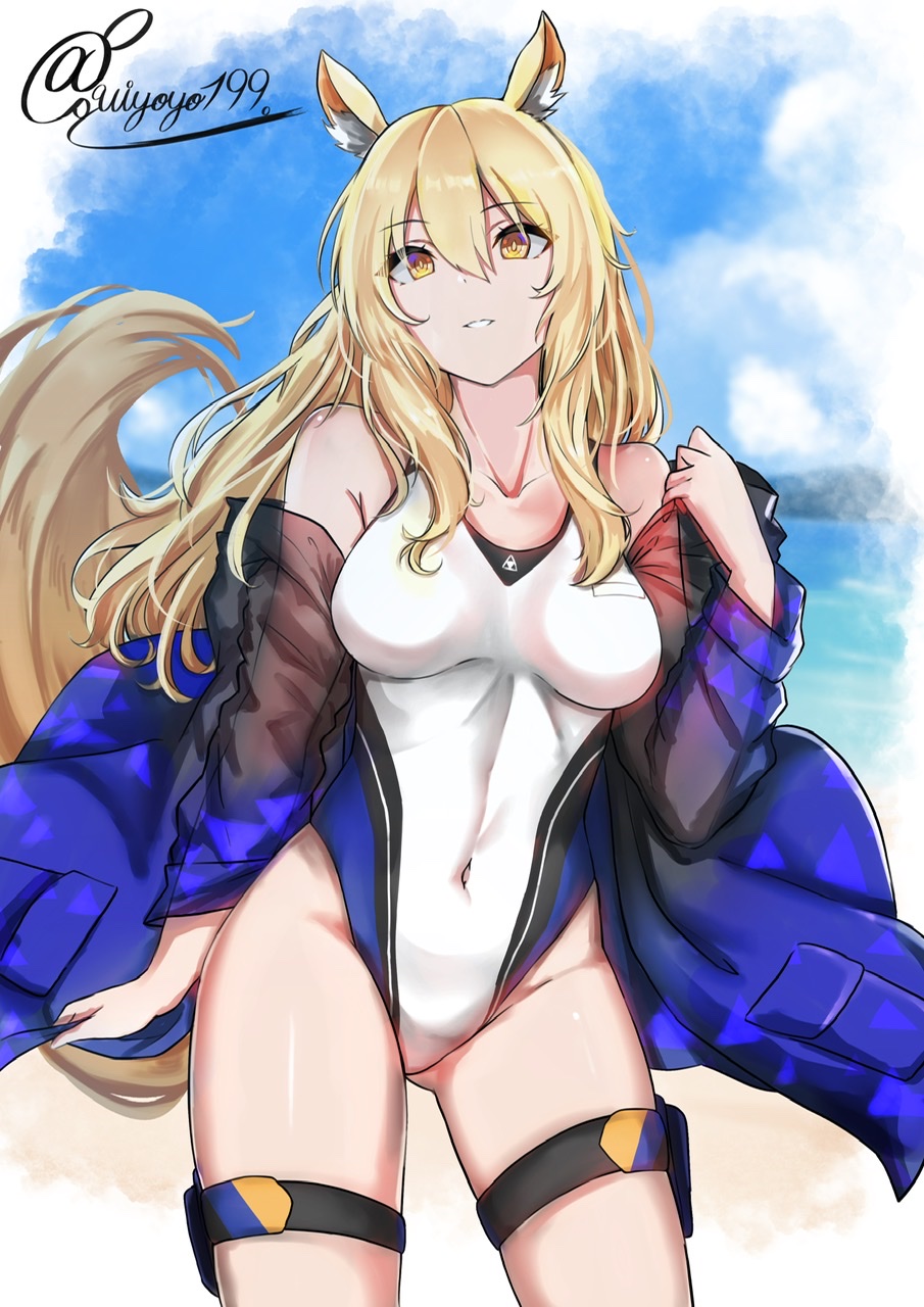 1girl animal_ear_fluff animal_ears arknights artist_name bare_shoulders beach blonde_hair blue_jacket blue_sky breasts brown_eyes clouds collarbone covered_navel cowboy_shot day highres horse_ears horse_tail jacket kouno_(uiyoyo199) long_hair medium_breasts nearl_(arknights) nearl_(shimmering_dew)_(arknights) off_shoulder one-piece_swimsuit open_clothes open_jacket outdoors parted_lips see-through sky smile solo standing swimsuit symbol-only_commentary tail thigh_pouch thighs white_background white_swimsuit