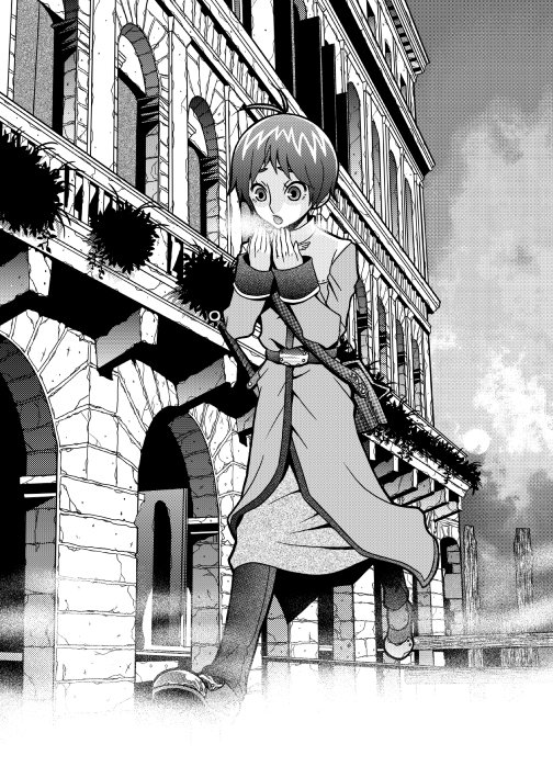 1boy acolyte_(ragnarok_online) antenna_hair architecture bag bangs breathing_on_hands building cassock cold commentary_request full_body greyscale long_sleeves miogrobin monochrome open_mouth pants ragnarok_online shoes short_hair solo walking