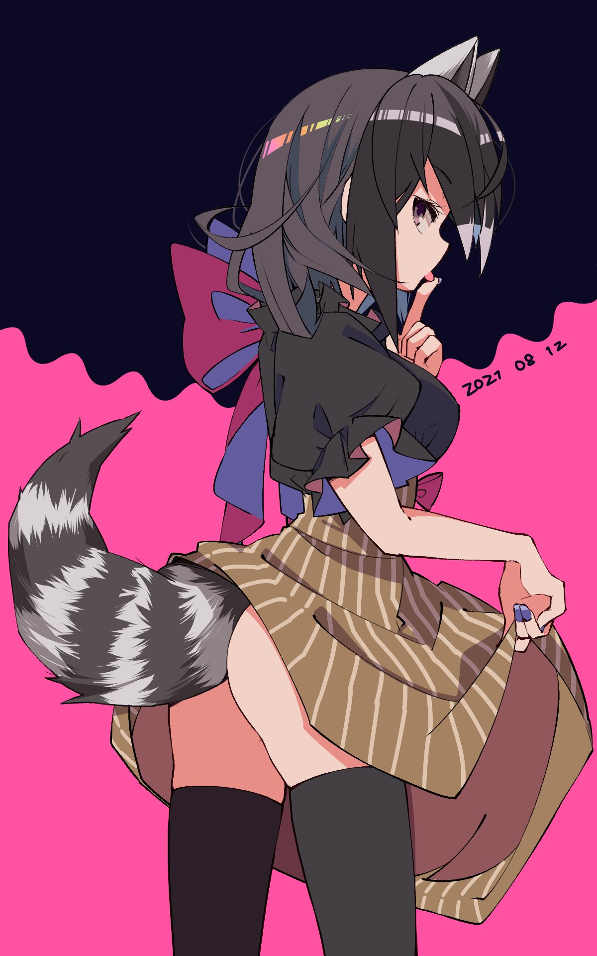 1girl alternate_costume animal_ears ass black_hair black_legwear blouse bow brown_eyes clothes_lift common_raccoon_(kemono_friends) dated extra_ears eyebrows_visible_through_hair fingernails flat_ass from_side grey_hair hand_to_own_mouth hand_up high-waist_skirt highres index_finger_raised kemono_friends lifted_by_self looking_at_viewer medium_hair medium_skirt multicolored_hair nail_polish nanana_(nanana_iz) puffy_short_sleeves puffy_sleeves purple_nails raccoon_ears raccoon_girl raccoon_tail shiny shiny_hair short_sleeves sideways_glance skirt skirt_lift solo tail thigh-highs tongue tongue_out