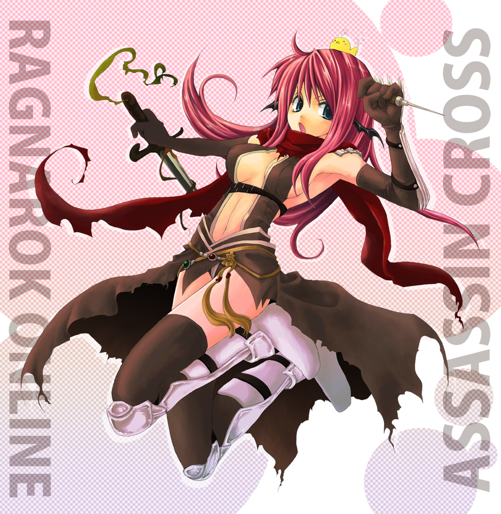 1girl animal_on_head armor armored_boots armpits assassin_cross_(ragnarok_online) bangs bat_wings bird bird_on_head black_cape black_gloves black_legwear black_leotard black_wings boots breasts cape character_name chick commentary_request copyright_name dagger elbow_gloves full_body gloves green_eyes hair_between_eyes head_wings high_heel_boots high_heels holding holding_dagger holding_weapon ice_pick jumping kainohito knife leotard long_hair looking_to_the_side medium_breasts navel on_head open_mouth pauldrons pink_hair ragnarok_online red_scarf revealing_clothes reverse_grip scarf shoulder_armor solo torn_cape torn_clothes torn_scarf vambraces waist_cape weapon wings