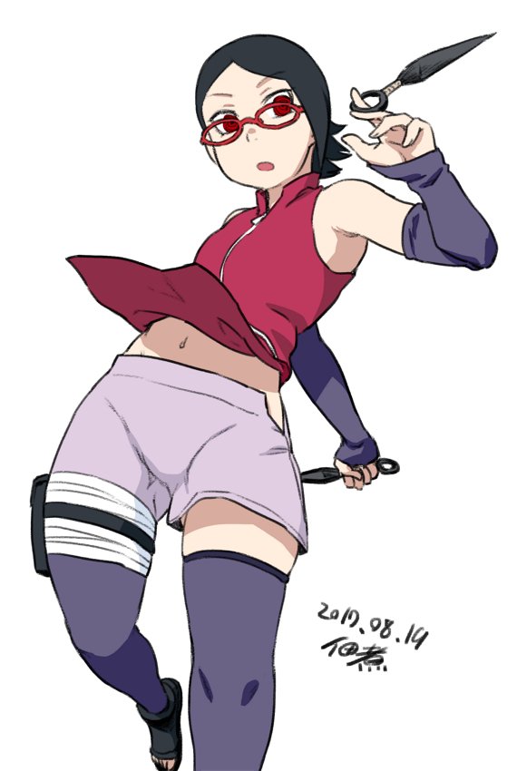 1girl bandages black_hair glasses kunai looking_at_viewer naruto naruto_(series) navel open_mouth red-framed_eyewear red_eyes short_hair shorts simple_background solo thigh-highs tsukudani_(coke-buta) uchiha_sarada weapon white_background