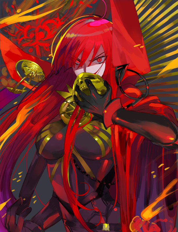 1girl armor bodysuit breastplate breasts cape eyebrows_visible_through_hair eyes_visible_through_hair fate/grand_order fate_(series) hair_between_eyes hair_over_one_eye high_collar holding holding_skull long_hair looking_at_viewer oda_nobunaga_(fate)_(all) oda_nobunaga_(maou_avenger)_(fate) red_cape red_eyes redhead shaded_face skin_tight skull solo urayura