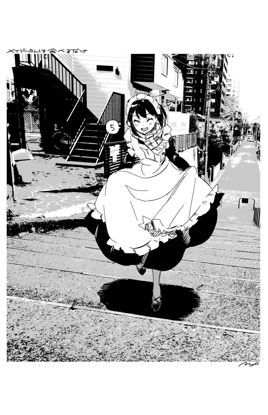 1girl ^_^ ^o^ apron bangs blush bob_cut border building closed_eyes copyright_name countdown cross-laced_footwear day dot_nose dress facing_viewer floating_hair frilled_apron frilled_hairband frills fringe_trim full_body greyscale hairband happy hatching_(texture) highres linear_hatching long_dress long_sleeves maeya_susumu maid maid-san_wa_taberu_dake maid_apron maid_headdress monochrome open_mouth outdoors photo_background plaid plaid_scarf pleated_dress power_lines railing road running scarf shadow shoes short_hair signature skirt_hold smile solo speech_bubble spoken_number stairs street suzume_(maid-san_wa_taberu_dake) utility_pole white_border