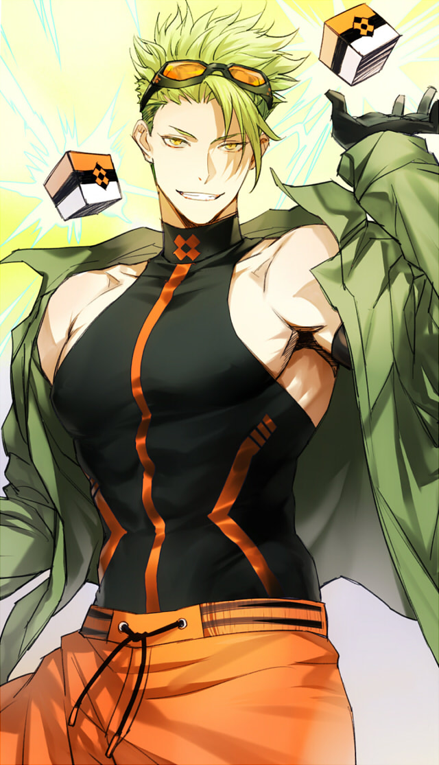 1boy achilles_(fate) black_tank_top changye cube fate/apocrypha fate/grand_order fate_(series) gloves goggles goggles_on_head green_hair green_jacket grin jacket male_focus muscular muscular_male open_clothes open_jacket orange_eyes orange_pants pants pectorals smile solo spiky_hair tank_top teeth upper_body
