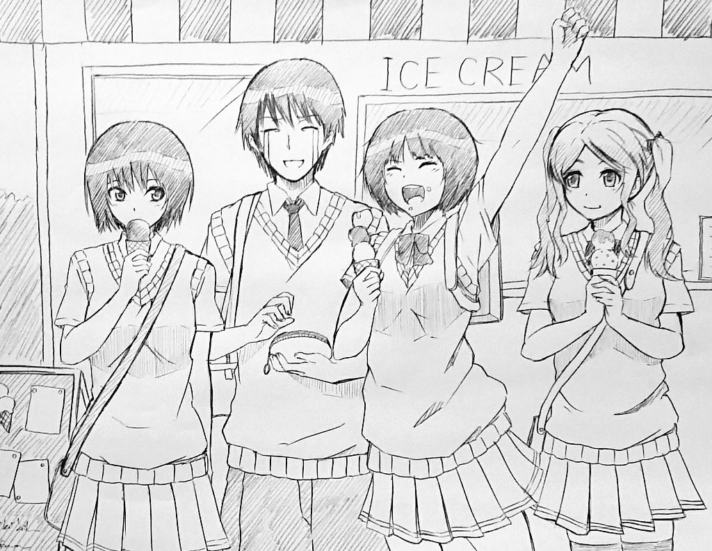 1boy 3girls :d amagami arm_up backpack bag bangs blunt_bangs blush bob_cut bow bowtie breasts brother_and_sister cheering closed_eyes coin_purse commentary crying double_scoop dress_shirt eating food food_on_face graphite_(medium) holding holding_food holding_purse ice_cream ice_cream_cone jishaku_(user_rcuz2843) kibito_high_school_uniform long_hair looking_at_another looking_to_the_side multiple_girls nakata_sae nanasaki_ai necktie open_mouth pants parted_hair pleated_skirt school_bag school_uniform shirt shop short_hair short_sleeves siblings side-by-side sign single_scoop sketch skindentation skirt small_breasts smile standing streaming_tears sweater_vest tachibana_jun'ichi tachibana_miya tears thigh-highs traditional_media triple_scoop twintails zettai_ryouiki