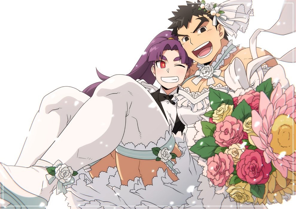 1boy 1girl :d ;d bare_shoulders black_suit bouquet bow bowtie bridal_legwear bride carrying couple crossdressinging flower head_to_head hetero holding holding_bouquet husband_and_wife long_hair male_cleavage male_focus muscular muscular_male one_eye_closed onizuka_momoko open_mouth original pectorals princess_carry purple_hair re:ar ryanpei short_hair sideburns sidepec smile thick_thighs thigh-highs thighs tonogawachi_tatsuomi white_flower white_legwear
