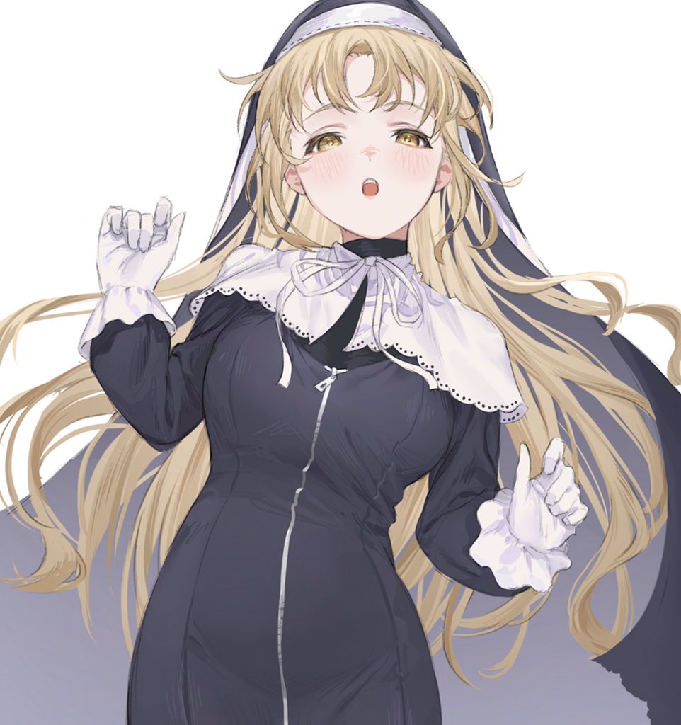 1girl bangs black_dress blush breasts capelet dress eyebrows_visible_through_hair eyelashes gloves habit light_brown_hair long_hair medium_breasts nao_0829_17 nijisanji nun parted_bangs ribbon sister_cleaire solo teeth virtual_youtuber white_background white_capelet white_gloves white_ribbon