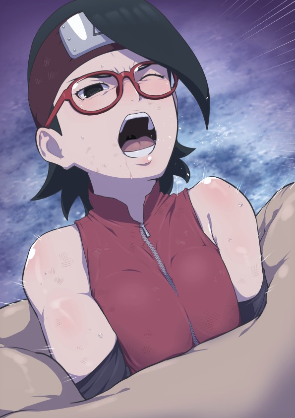 1girl bearhug black_eyes black_hair blush boruto:_naruto_next_generations boruto:_naruto_the_movie eeshin_(eishin5584) forehead_protector glasses naruto naruto_(series) one_eye_closed open_mouth red-framed_eyewear solo_focus sweat uchiha_sarada