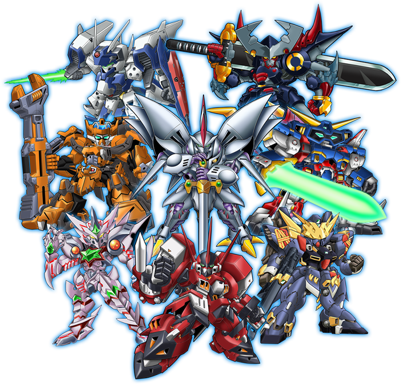 absurdres alteisen blue_eyes chibi clenched_hand cybuster didalion dygenguar energy_sword gunleon highres holding holding_sword holding_weapon huckebein_30 looking_at_viewer mecha no_humans official_art open_hand pile_bunker promotional_art science_fiction srx super_robot super_robot_wars super_robot_wars_30 super_robot_wars_dd super_robot_wars_z sword v-fin valhawk weapon yellow_eyes