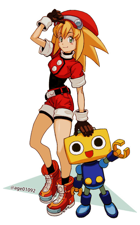 1girl belt bike_shorts blonde_hair brown_gloves cabbie_hat closed_mouth cropped_jacket gloves green_eyes hat jacket long_hair looking_at_viewer mega_man_(series) mega_man_legends red_headwear red_jacket red_shorts roll_caskett_(mega_man) servbot_(mega_man) shorts smile white_background yan_(age0614)