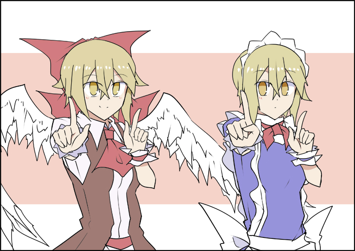 2girls apron ascot blonde_hair blue_dress bow brown_vest collared_shirt commentary_request cowboy_shot dot_mouth dress eyebrows_visible_through_hair feathered_wings foreshortening gengetsu_(touhou) hair_between_eyes hair_bow hair_ribbon index_finger_raised kenuu_(kenny) koi_dance looking_at_viewer maid maid_headdress mugetsu_(touhou) multiple_girls pink_background red_bow red_neckwear red_ribbon ribbon shirt short_hair siblings sidelocks simple_background sisters smile split_mouth touhou two-tone_background vest waist_apron white_background white_shirt white_wings wings wrist_cuffs yellow_eyes