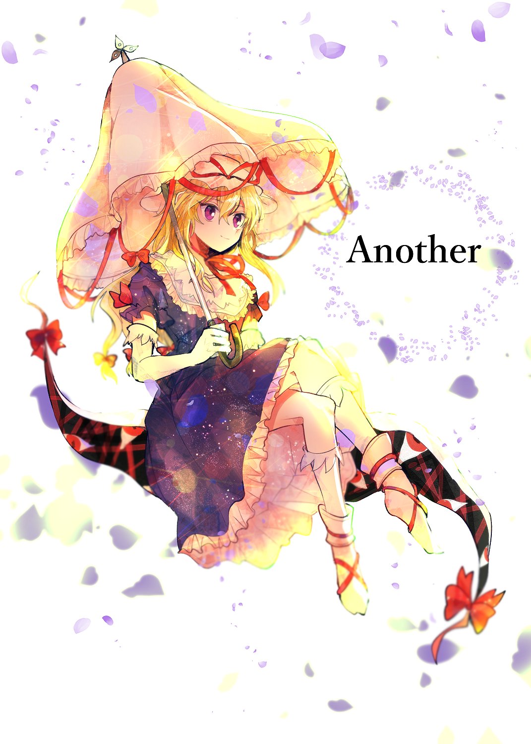 1girl bangs blonde_hair bow bowtie breasts closed_mouth dress english_text eyebrows_visible_through_hair gap_(touhou) gloves hair_between_eyes hair_bow hand_up hat hat_bow highres itomugi-kun light long_hair looking_to_the_side medium_breasts mob_cap petals puffy_short_sleeves puffy_sleeves purple_dress purple_sleeves red_bow red_eyes red_neckwear shadow short_sleeves sitting smile socks solo touhou umbrella violet_eyes white_background white_gloves white_headwear white_legwear yakumo_yukari