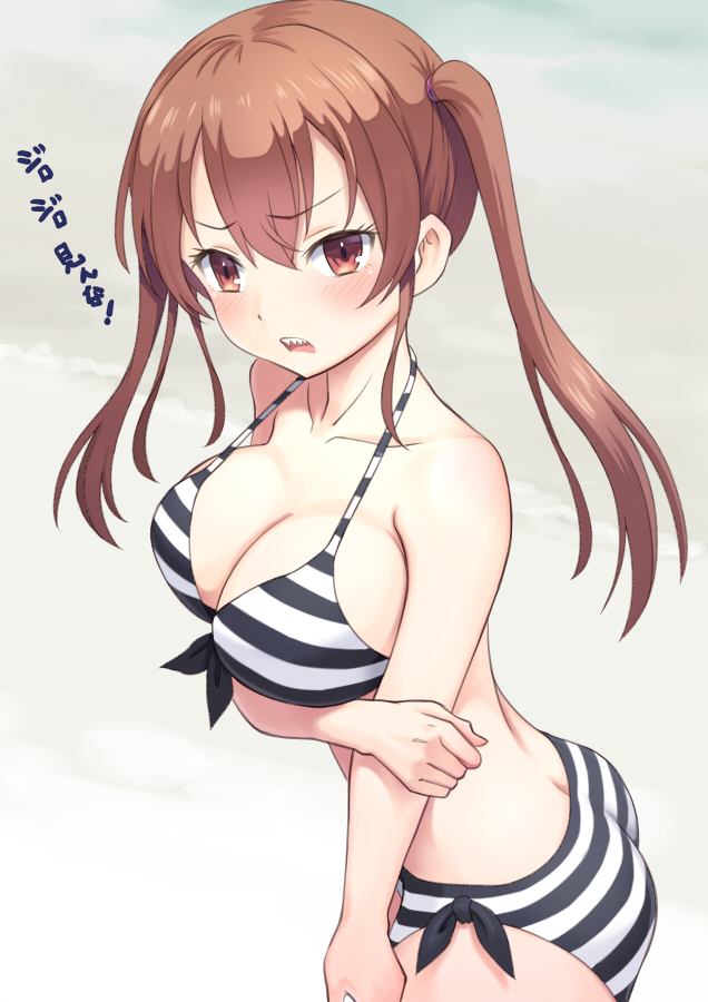 1girl ass beach bikini breasts brown_eyes brown_hair collarbone commentary_request large_breasts looking_at_viewer meow_(nekodenki) original sharp_teeth solo striped striped_bikini swimsuit teeth translation_request tsundere twintails upper_teeth
