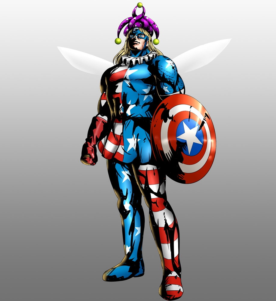 1boy blonde_hair blue_eyes captain_america closed_mouth clownpiece clownpiece_(cosplay) cosplay fairy_wings full_body gradient gradient_background grey_background hat hidaruma holding holding_shield jester_cap long_hair male_focus muscular muscular_male neck_ruff pantyhose polka_dot purple_headwear shield simple_background standing star_(symbol) star_print touhou wings