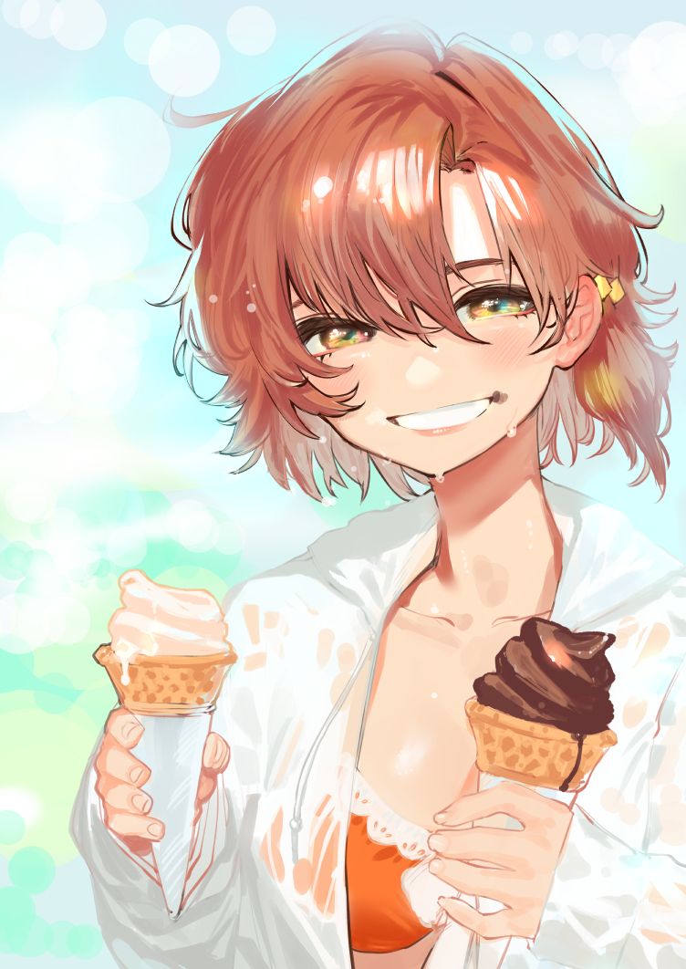 1girl bangs bikini blush brown_eyes brown_hair bukimi_isan collarbone copyright_request eyebrows_visible_through_hair food grin hair_between_eyes hair_ornament holding ice_cream ice_cream_cone long_sleeves looking_at_viewer open_clothes open_shirt orange_bikini orange_hair shiny shiny_hair shirt short_hair sleeves_past_wrists smile solo swimsuit upper_body wet wet_clothes wet_hair wet_shirt white_shirt