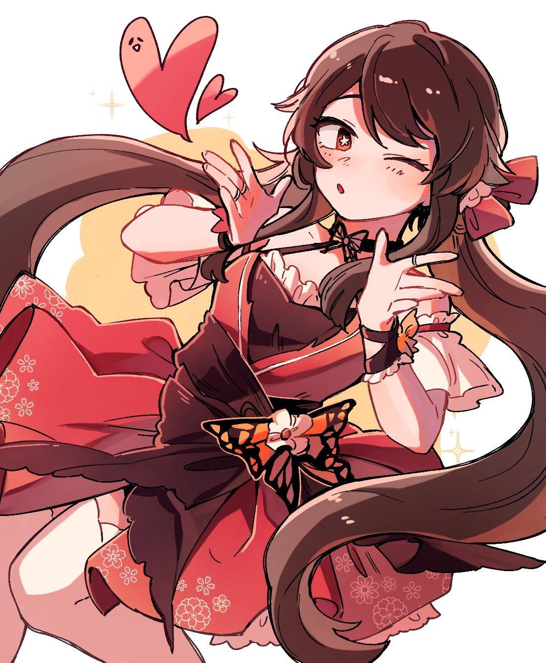 1girl :o alternate_costume bangs black_choker blush brown_hair butterfly_ornament choker dress floral_print flower-shaped_pupils genshin_impact highres hu_tao_(genshin_impact) isaraa_005 jewelry korean_commentary long_hair low_twintails multiple_rings parted_lips red_dress red_eyes ring simple_background solo sparkle twintails two-tone_background