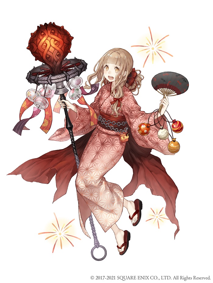 1girl :d bangs blonde_hair flip-flops full_body hair_between_eyes hand_fan holding holding_fan holding_wand japanese_clothes ji_no kimono long_hair long_sleeves looking_at_viewer official_art open_mouth red_kimono red_riding_hood_(sinoalice) sandals simple_background sinoalice smile solo toes wand white_background wind_chime yellow_eyes