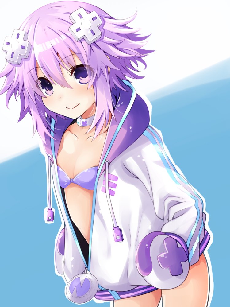 1girl blush breasts d-pad d-pad_hair_ornament hair_ornament hood hooded_jacket iwashi_dorobou_-r- jacket looking_at_viewer neptune_(neptune_series) neptune_(series) purple_hair short_hair small_breasts smile solo swimsuit swimsuit_under_clothes violet_eyes