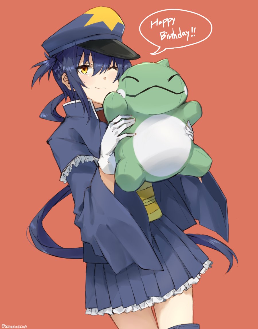 1girl blue_hair blue_jacket garchomp gen_4_pokemon gloves happy_birthday jacket miniskirt one_eye_closed orange_background personification pleated_skirt pokemon ponytail sidelocks skirt solo somechime_(sometime1209) substitute_(pokemon) twitter_username white_gloves wide_sleeves