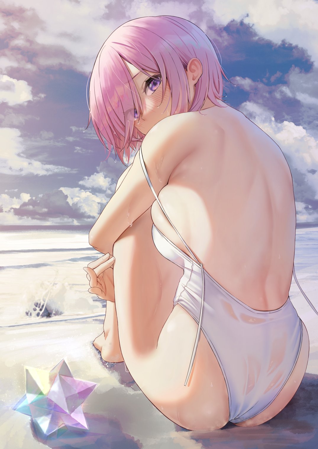 1girl ass bangs bare_back barefoot beach blue_sky blush breasts clouds commentary_request eyebrows eyebrows_visible_through_hair eyes eyes_visible_through_hair fate/grand_order fate_(series) from_behind highres long_bangs looking_at_viewer looking_back mash_kyrielight medium_breasts ocean one-piece_swimsuit outdoors pink_hair saint_quartz sand short_hair sideboob sitting sky solar_(happymonk) solo swimsuit thighs violet_eyes wet white_swimsuit