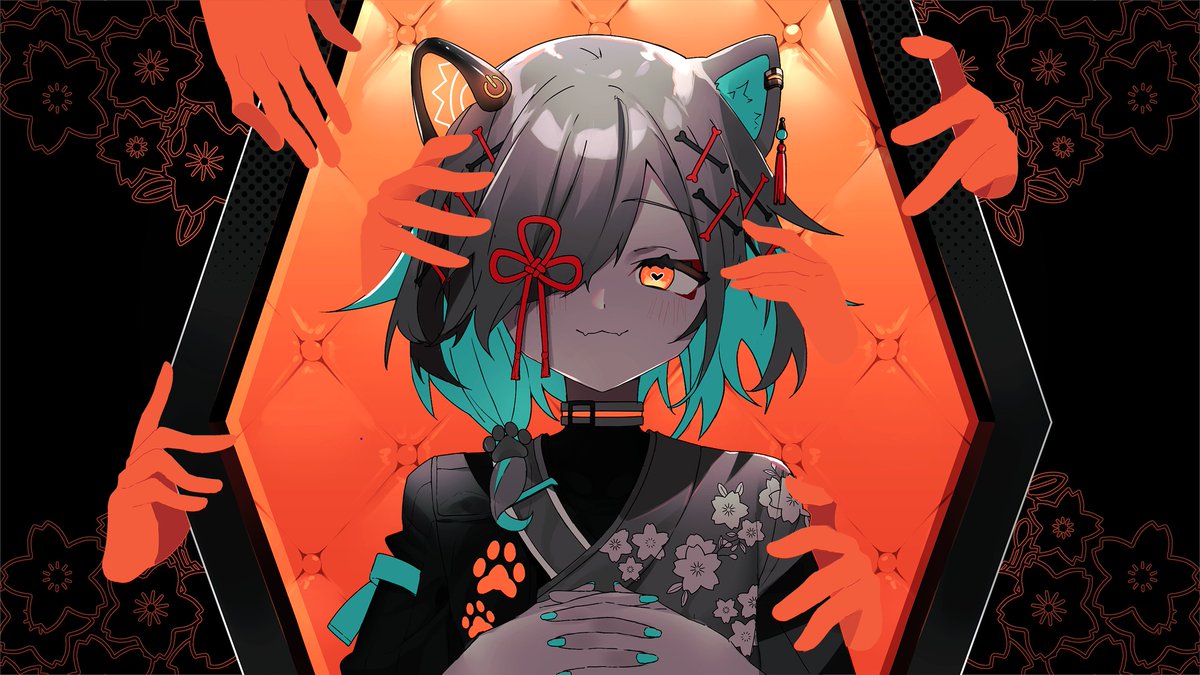 1girl :3 animal_ears aqua_hair aqua_nails bangs collar commentary disembodied_limb dog_ears dog_girl eye_(vocaloid) fingernails floral_print hair_ornament hair_over_one_eye hands_clasped heart heart-shaped_pupils interlocked_fingers looking_at_viewer miyoshino_shiki nail_polish official_art one_eye_covered orange_eyes orange_hair orange_theme own_hands_together paw_print power_symbol prism_project red_ribbon ribbon seesaw_yt short_hair solo_focus symbol-shaped_pupils virtual_youtuber