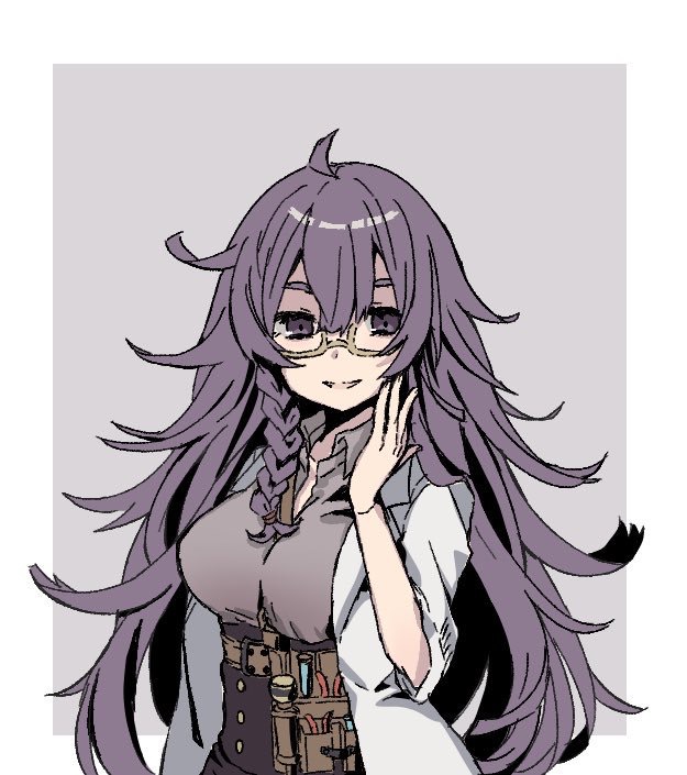 1225ka 1girl :d antenna_hair bangs belt_pouch border braid dorothy_(sinoalice) glasses hair_between_eyes labcoat long_hair long_sleeves looking_at_viewer open_mouth polo_shirt pouch purple_background purple_hair purple_shirt reality_arc_(sinoalice) shirt sinoalice smile solo violet_eyes