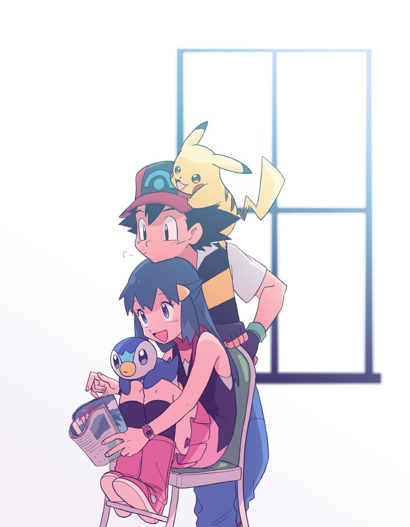 1boy 1girl ash_ketchum bangs baseball_cap black_hair black_legwear black_shirt blue_eyes blue_pants boots chair closed_mouth commentary_request hikari_(pokemon) dododo_dadada eyelashes fingerless_gloves gen_1_pokemon gen_4_pokemon gloves hair_ornament hairclip hat holding kneehighs knees long_hair magazine on_shoulder open_mouth pants pikachu pink_footwear pink_skirt piplup pointing pokemon pokemon_(anime) pokemon_(creature) pokemon_dppt_(anime) pokemon_on_shoulder red_scarf scarf shirt short_sleeves sitting skirt sleeveless sleeveless_shirt smile spiky_hair tongue