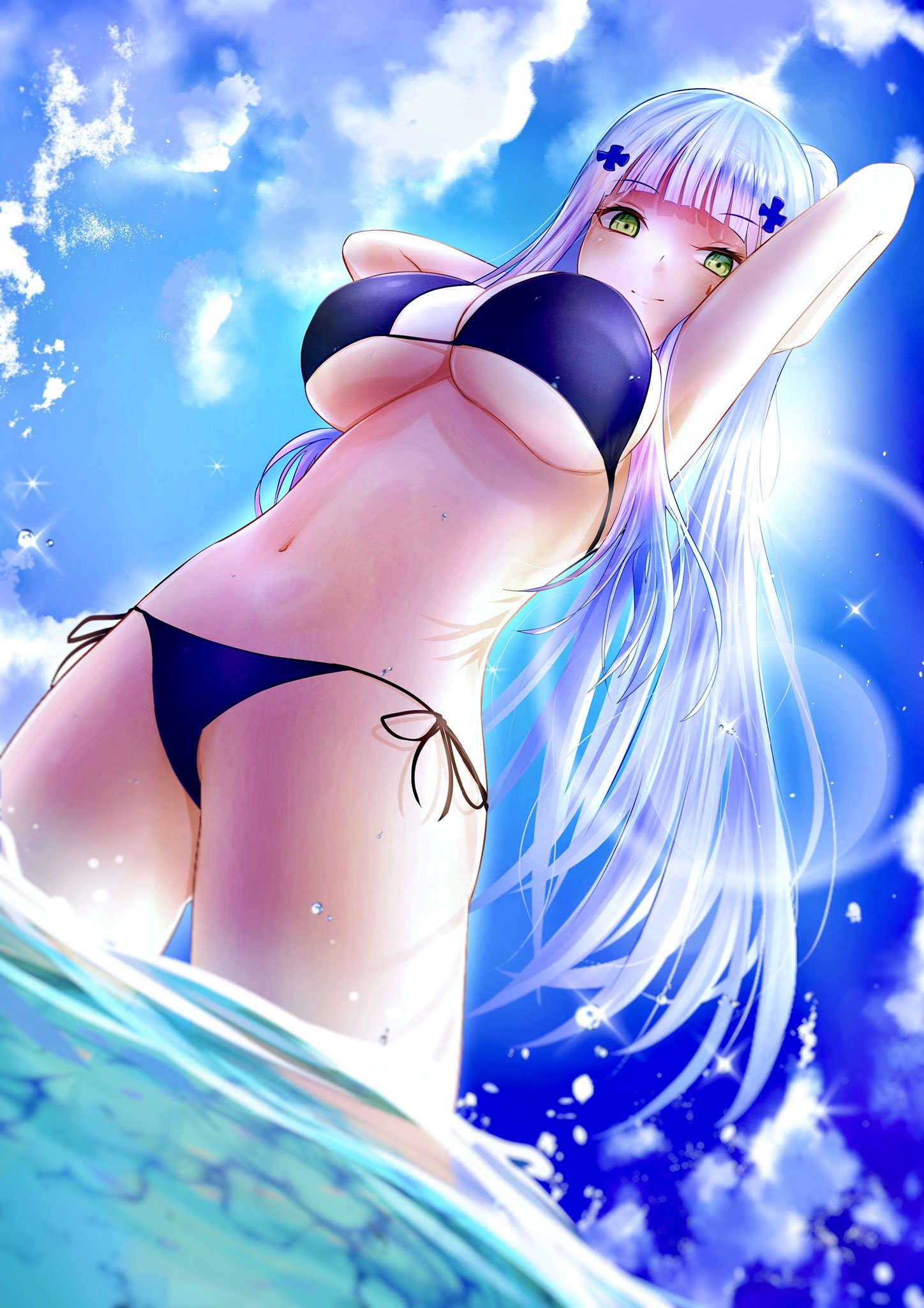 1girl bangs bikini blunt_bangs breasts girls_frontline green_eyes guchagucha hair_ornament hairclip highres hk416_(girls_frontline) large_breasts lens_flare long_hair partially_submerged side-tie_bikini silver_hair solo swimsuit teardrop_tattoo very_long_hair