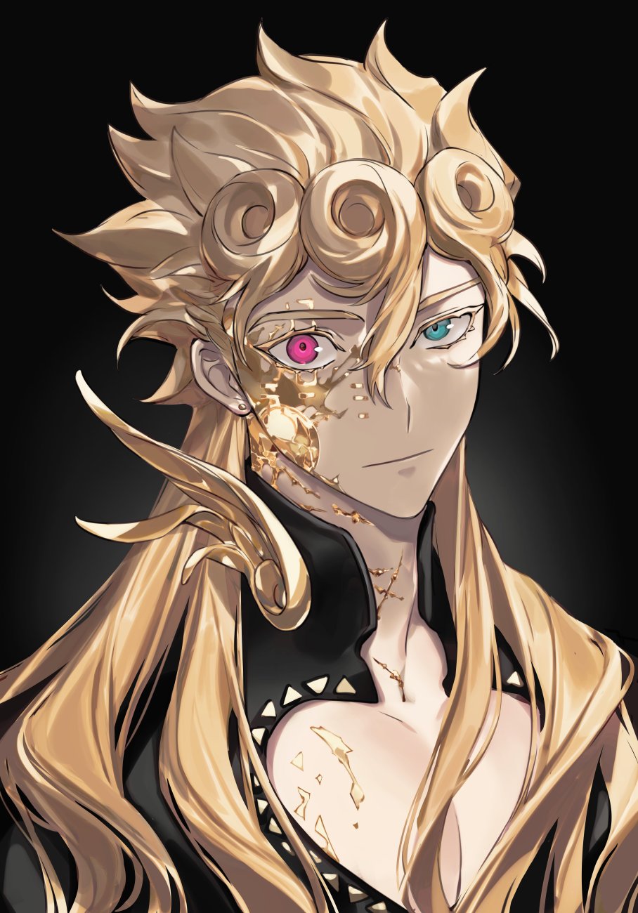 1boy aqua_eyes backlighting blonde_hair clothing_cutout curly_hair dark_background earrings expressionless giorno_giovanna gold gold_experience_requiem gradient gradient_background hair_between_eyes heterochromia highres jewelry jojo_no_kimyou_na_bouken long_hair looking_at_viewer male_focus pink_eyes pointy_hair simple_background tiyi_(tiyi_a09) uneven_eyes upper_body vento_aureo