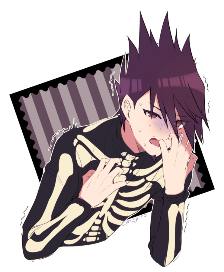 1boy bangs commentary_request cropped_torso dangan_ronpa_(series) dangan_ronpa_v3:_killing_harmony facial_hair goatee grey_background halloween_costume hand_up long_sleeves looking_at_viewer male_focus momota_kaito multicolored multicolored_background nagi_to_(kennkenn) open_mouth purple_hair scared skeleton_print spiky_hair sweat trembling white_background