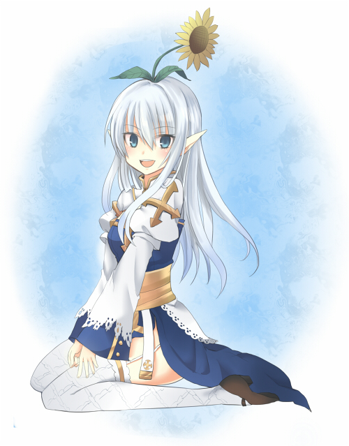 1girl archbishop_(ragnarok_online) bangs blue_dress blush brown_footwear commentary_request dress eyebrows_visible_through_hair flower flower_on_head full_body garter_straps green_eyes hair_between_eyes high_heels juliet_sleeves long_hair long_sleeves looking_at_viewer open_mouth pointy_ears puffy_sleeves ragnarok_online reona_amane sash seiza sitting smile solo sunflower thigh-highs two-tone_dress upper_teeth white_dress white_hair white_legwear yellow_sash