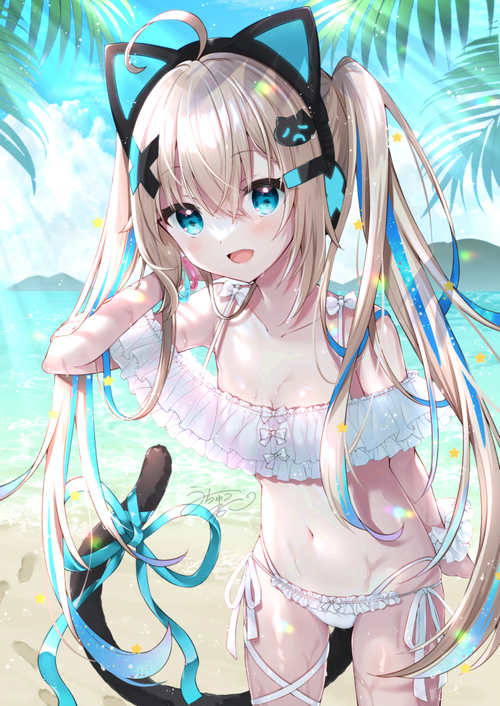 1girl :d ahoge animal_ears bare_shoulders bikini blonde_hair blue_eyes blue_hair blush cat_ear_headphones cat_ears cat_hair_ornament cat_tail collarbone commentary_request day fake_animal_ears frilled_bikini frills hair_ornament hand_up headphones highleg highleg_bikini indie_virtual_youtuber layered_skirt long_hair looking_at_viewer multicolored_hair navel off-shoulder_bikini off_shoulder open_mouth outdoors signature skirt smile solo streaked_hair swimsuit tail twintails uchuuneko uchuuneko_(vtuber) very_long_hair virtual_youtuber water white_bikini x_hair_ornament