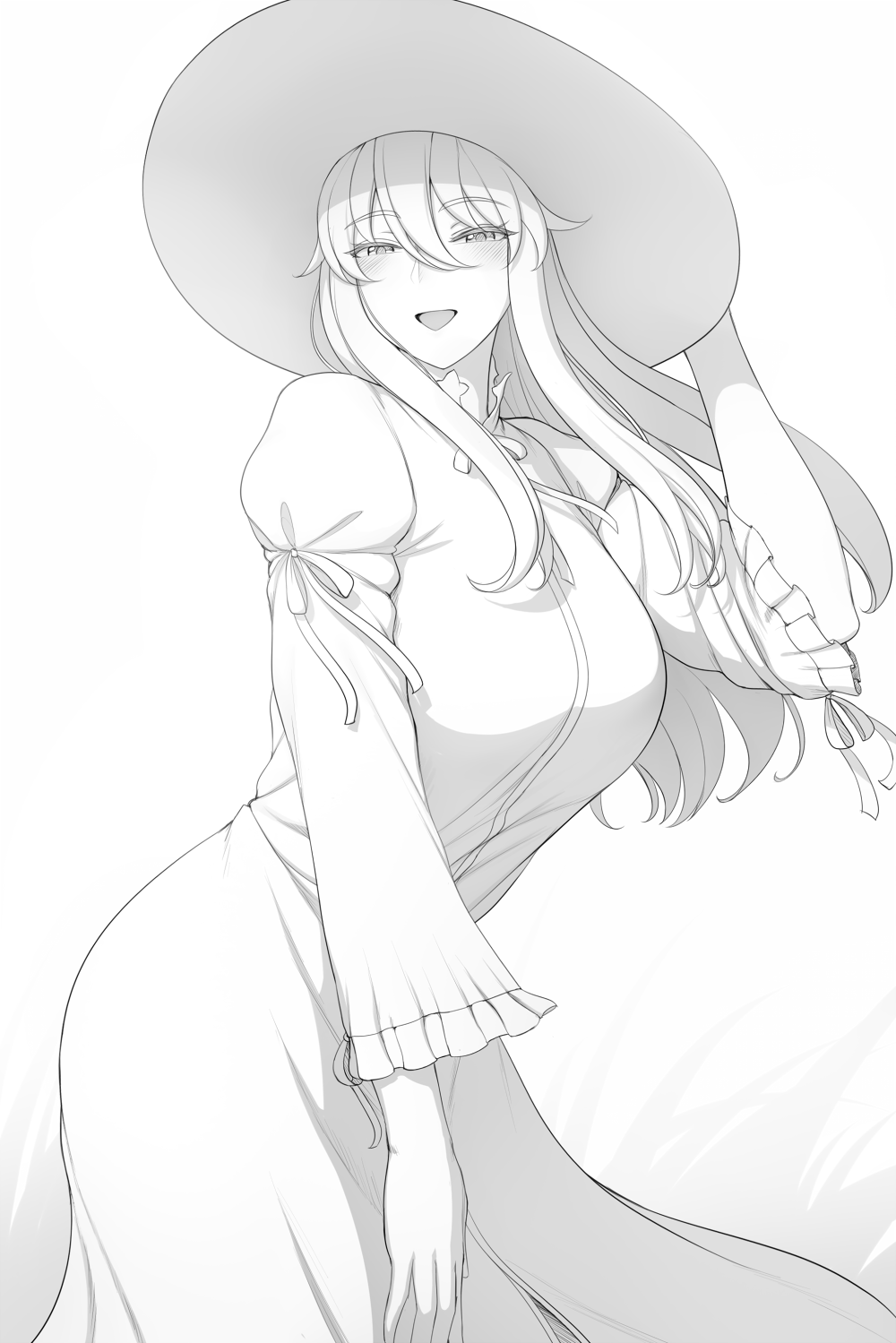 1girl alternate_costume artoria_pendragon_(fate) artoria_pendragon_(lancer)_(fate) breasts dress fate/grand_order fate_(series) greyscale hat highres large_breasts long_hair long_sleeves lvl_(sentrythe2310) monochrome sidelocks solo sun_hat