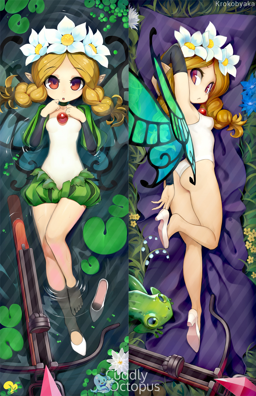 1girl arm_behind_head bare_legs blonde_hair braid breasts butterfly_wings commentary crossbow cuddly_octopus dakimakura_(medium) detached_sleeves eyebrows_visible_through_hair fairy flower frog full_body grass hair_flower hair_ornament high_heels highres ingway_(odin_sphere) krokobyaka leotard lily_pad long_hair looking_at_viewer minigirl mixed-language_commentary multiple_views odin_sphere red_eyes shoe_dangle shoe_removed shoes small_breasts twin_braids water white_footwear white_leotard wings