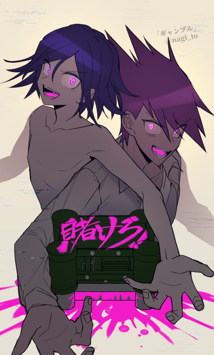 2boys :d artist_name bangs blood collarbone collared_shirt commentary_request dangan_ronpa_(series) dangan_ronpa_v3:_killing_harmony facial_hair glowing glowing_eyes goatee hair_between_eyes highres long_sleeves looking_at_viewer machine male_focus momota_kaito multiple_boys nagi_to_(kennkenn) open_mouth ouma_kokichi pink_blood shirt shirtless simple_background smile spoilers teeth tongue translation_request upper_body violet_eyes