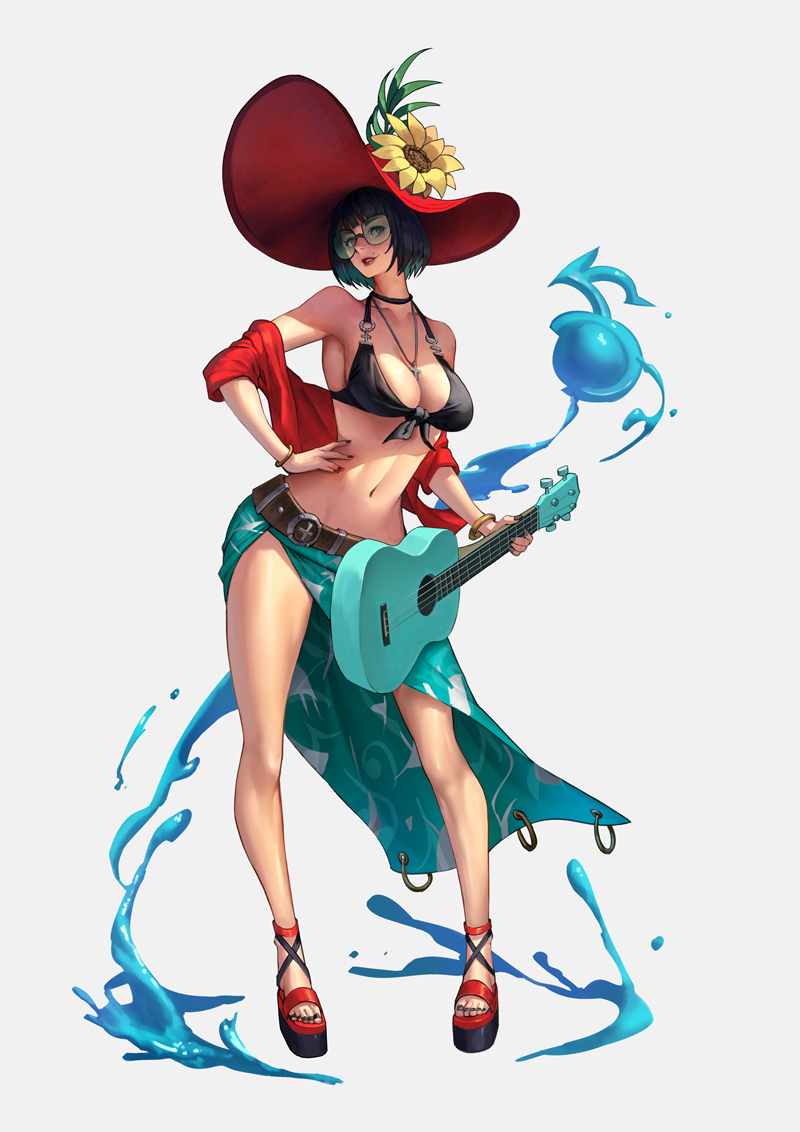 1girl adapted_costume black_hair flower full_body guilty_gear guilty_gear_strive hat i-no looking_at_viewer midriff navel phamoz red_headwear short_hair sunflower sunglasses very_short_hair witch_hat