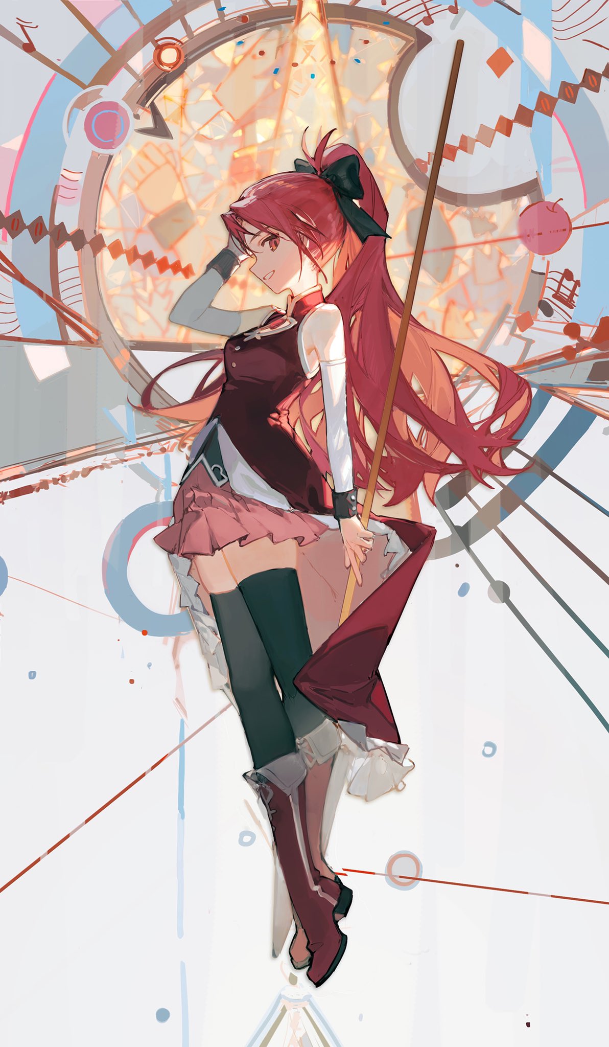 1girl bangs bare_shoulders boots bow ciloranko detached_sleeves hair_bow high_ponytail highres holding holding_polearm holding_spear holding_staff holding_weapon long_hair magical_girl mahou_shoujo_madoka_magica polearm ponytail red_eyes red_footwear redhead sakura_kyouko skirt solo spear staff thigh-highs weapon