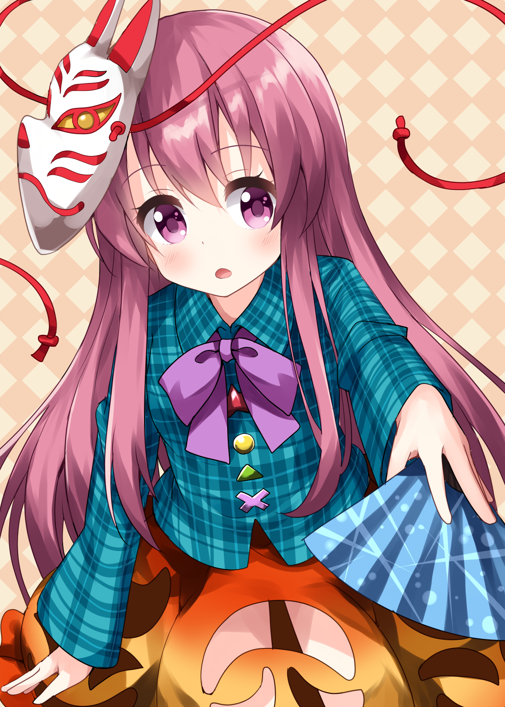 1girl arm_up bangs blue_collar blue_shirt blue_sleeves blush bow bowtie buttons collar eyebrows_visible_through_hair hair_between_eyes hand_fan hand_up hata_no_kokoro highres long_hair long_sleeves looking_to_the_side mask open_mouth orange_skirt pink_background pink_eyes pink_hair plaid plaid_shirt purple_bow purple_neckwear ruu_(tksymkw) shirt skirt solo star_(symbol) touhou yellow_background