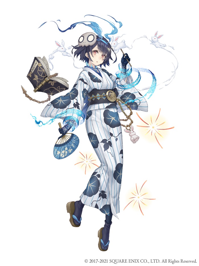 1girl :o alice_(sinoalice) bangs blue_gloves blue_hair blue_legwear book flip-flops floating full_body gloves hair_between_eyes hand_fan headband holding holding_fan japanese_clothes ji_no kimono long_sleeves looking_at_viewer mask official_art open_mouth rabbit red_eyes sandals short_hair simple_background sinoalice smoke solo white_background white_kimono