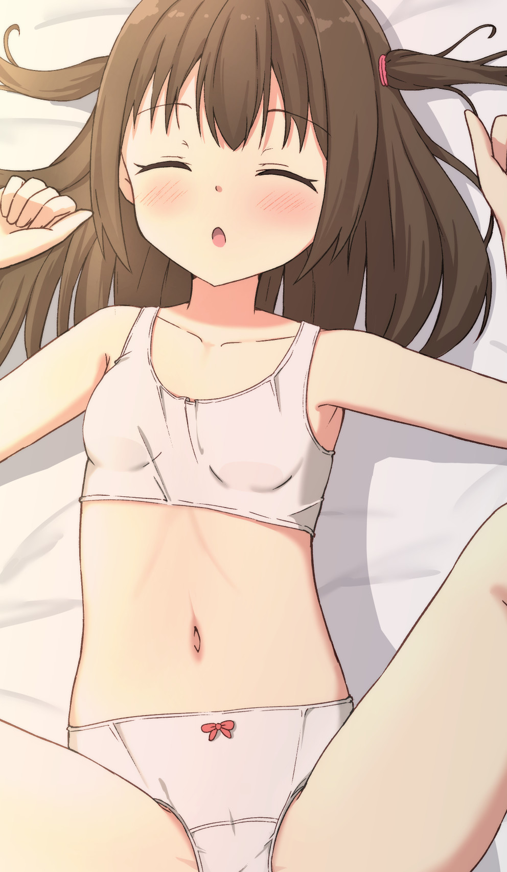 1girl arm_up bare_shoulders blush bow bow_panties bra breasts brown_hair closed_eyes collarbone commentary_request facing_viewer hand_up highres hippo_(hirople) long_hair lying navel on_back original panties parted_lips small_breasts solo spread_legs training_bra two_side_up underwear underwear_only white_bra white_panties
