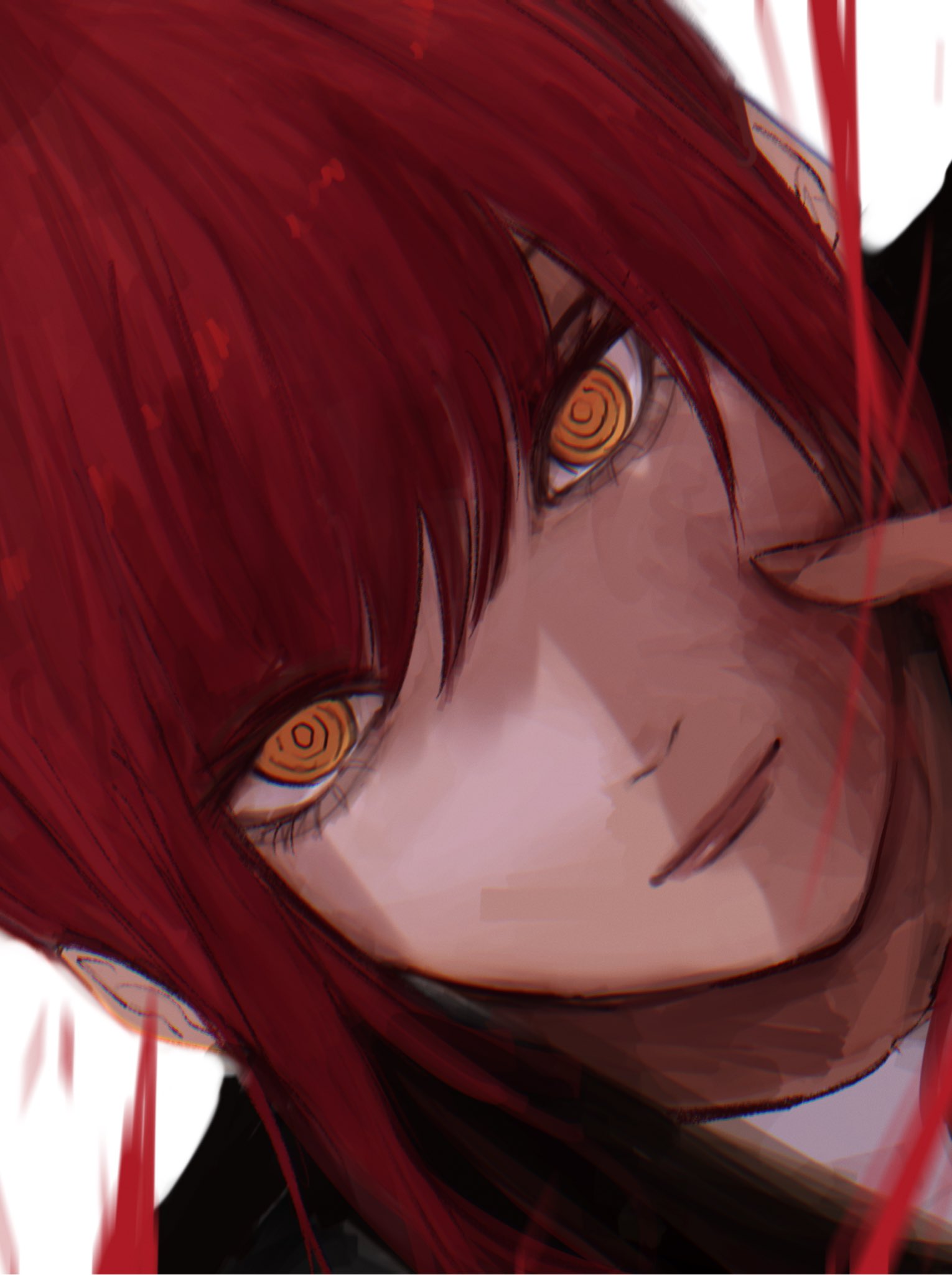 1girl blood chainsaw_man close-up closed_mouth eyelashes face fingernails highres long_eyelashes long_hair looking_at_viewer makima_(chainsaw_man) noroma02 orange_eyes pink_lips redhead simple_background solo upper_body white_background