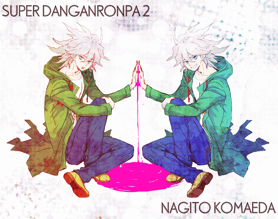 2boys blood blood_splatter blue_eyes character_name copyright_name crazy_eyes crazy_smile dangan_ronpa_(series) dangan_ronpa_2:_goodbye_despair dual_persona green_jacket grey_eyes grey_hair hood hood_down hooded_jacket jacket komaeda_nagito male_focus messy_hair multiple_boys nail_polish open_clothes open_jacket pink_blood pool_of_blood red_nails yuki_(hello_idiot)