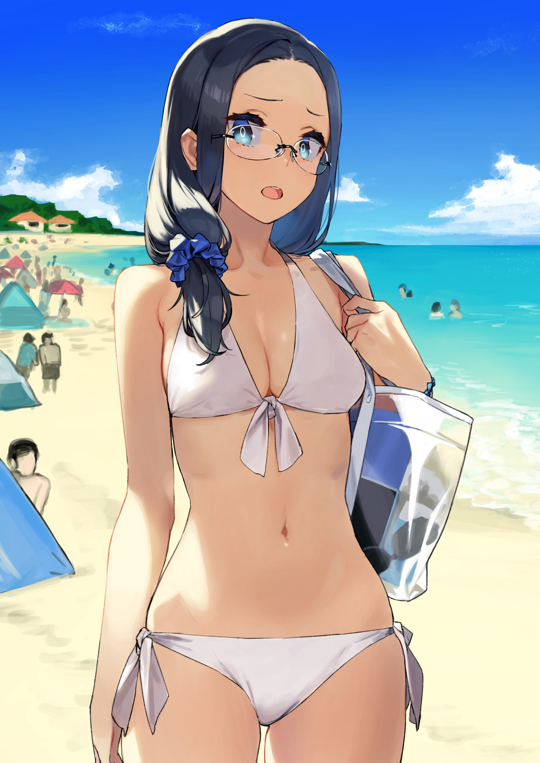 1girl 92m bag beach bikini commentary_request crowd front-tie_bikini front-tie_top glasses highres holding holding_bag house midriff navel open_mouth original ponytail scrunchie side_ponytail sky solo_focus swimsuit tent tree vegetation white_bikini