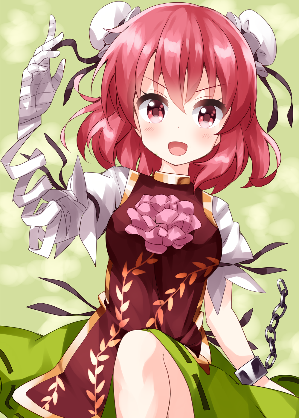 1girl arm_up bandages bangs breasts brown_vest chain double_bun eyebrows_visible_through_hair flower green_background green_skirt hair_between_eyes hand_up highres ibaraki_kasen looking_at_viewer medium_breasts open_mouth pink_eyes pink_flower pink_hair puffy_short_sleeves puffy_sleeves ruu_(tksymkw) shirt short_hair short_sleeves simple_background skirt smile solo tabard touhou vest white_shirt white_sleeves wristband